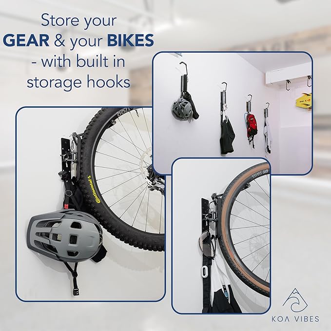 Swivel Bike wall mount with gear hooks, One Pack, Organize Garage with Bike Storage, Vertical or Ceiling Mount, heavy duty construction for bikes up to 60lbs, bike rack garage organizer