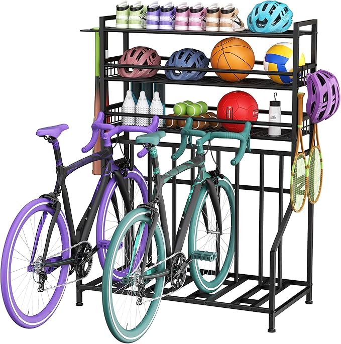 GIOTORENT Bike Rack Garage, 4-Bicycle Stand with 3-Tier Storage Rack, Adjustable Bike Storage for Mountain, Road, Commuter & Fat Tire Bikes, Garage Organizer with Hooks for Sports Gear