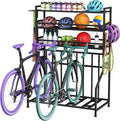 GIOTORENT Bike Rack Garage, 4-Bicycle Stand with 3-Tier Storage Rack, Adjustable Bike Storage for Mountain, Road, Commuter & Fat Tire Bikes, Garage Organizer with Hooks for Sports Gear
