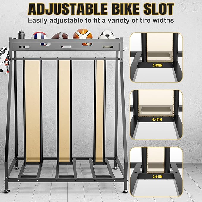 3 Bike Stand Steady Bike Rack Garage with Baskets Storage Indoor Bike Storage Rack Metal Floor Bicycle Station for Parking Suitable for Mountain, Hybrid, Adult and Kids Bikes