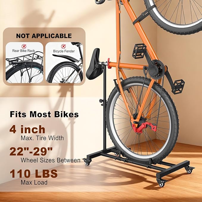 Vertical Bike Stand, Freestanding Upright Bicycle Floor Rack with Adjustable Height, Space-Saving Indoor Bike Holder for Garage & Apartment, Compatible with MTB & Road Bike Wheels up to 29-Inch