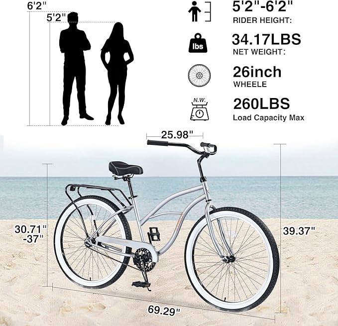 Multiple Colors Adult Beach Cruiser Bike, Single Speed Bicycles 26" Inch, Fixed Gear Bike, Wide Wheels for Stability, Rear Coaster Brakes, Multiple Speed Options