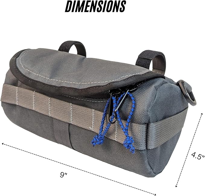 Handlebar Bag (Charcoal & Blue Burrito) | 2 Liter Capacity | Spacious Bike Bag w/ 2 Extra Long Buckle Straps & 1 Hook-and-Loop Strap | Water Resistant Front Basket | Bike Accessories | Made in USA