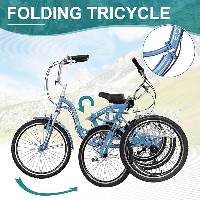 MOPHOTO Adult Folding Tricycle, 7-Speed 3 Wheel Bike for Adults, Seniors, Women & Men, 20/24/26 Inch Low Step-Through Trike with Large Rear Cargo Basket, Adjustable Seat, Space-Saving Cruiser Bicycle