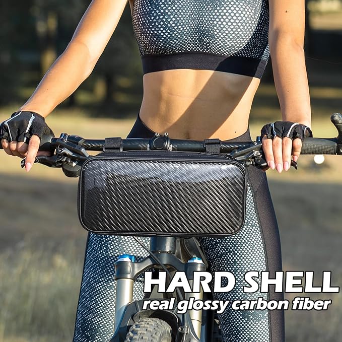 T-carbon Bike Handlebar Bag|Carbon Fibre Compact Bar Bag|Bike Handlebar Storage Pouch Pack with waterproof zip and adjustable straps compatible with Road and Mountain Bike|Glossy Black
