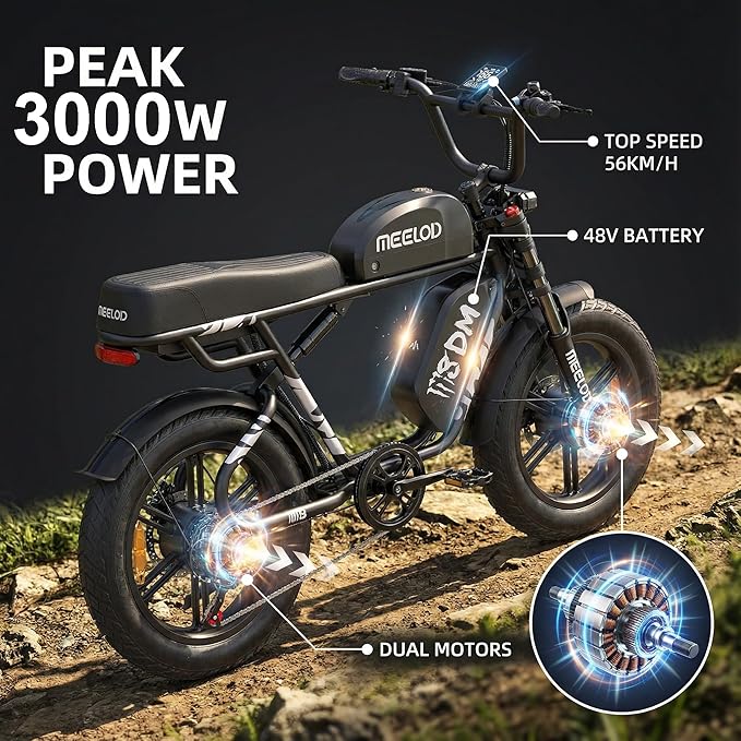 3000W Peak 32AH Electric Bike Dual Motor, 56KM/H EBike for Adult Teen 100-200KM, 20'x4.0'' Fat Tire Dual Motor Electric Dirt Bike Multiple Suspension & Hydraulic Brake Commuter Off-Road E-Bike