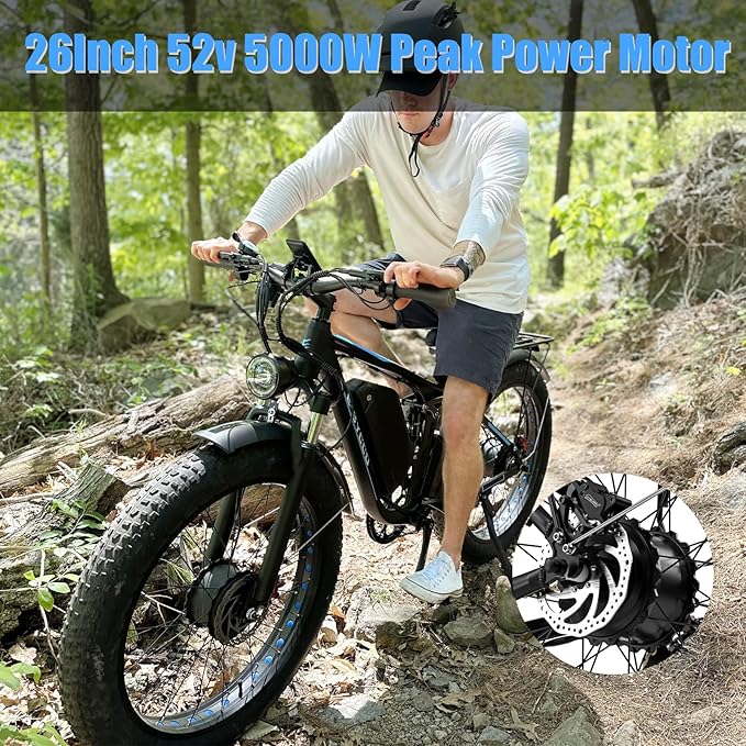 Electric Bike, Max 40-45MPH & 100 Miles, 5000W Peak Dual Motor Adult E-Bike, 52V 32Ah Battery Ebike, 24'' 26" Hydraulic Disc Brakes, Fat Tire All-Terrain Hunting Electric Bike, Full Suspension