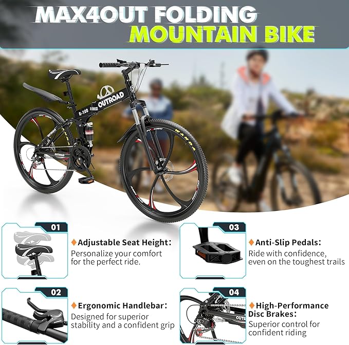 26 Inch Folding Mountain Bike, 21 Speed Full Suspension Bicycle Dual Disc Brake Non-Slip Quick Release tire for Adults Men Women(Balck/Pink/Green/Orange/White/Purple)