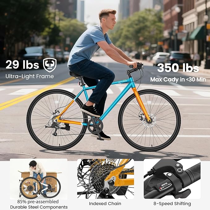 MOONCOOL Hybrid Bike for Men, 700C Aluminum 29LBS Ultra-Light 8-Speed Commuter Bike, 350lb Capacity, 29" Adult Urban Bicycle, Dual Disc Brakes, for Tall Men&Women, 85% Pre-Assembled
