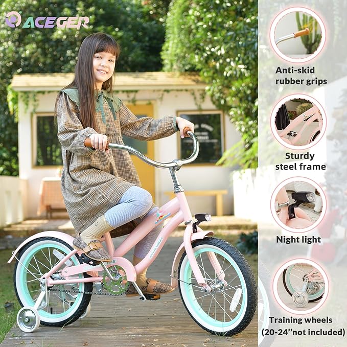 ACEGER Girls Beach Cruiser Bike for Kids 5-13 Years Old, 16" 18" 20" 24" Single Speed Kids Bicycle Included Coaster Brake, Front and Rear Reflectors, 24" 7 Speeds with Dual Brakes