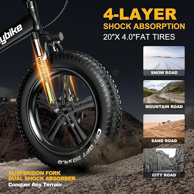 Auloor Folding Electric Bike for Adults,1000W Motor(1000W Peak),30MPH, 60Mile,48V 20AH Battery,20" Fat Tire Foldable Electric Bicycle,Commuter Beach Snow E-Bikes,7-Speed