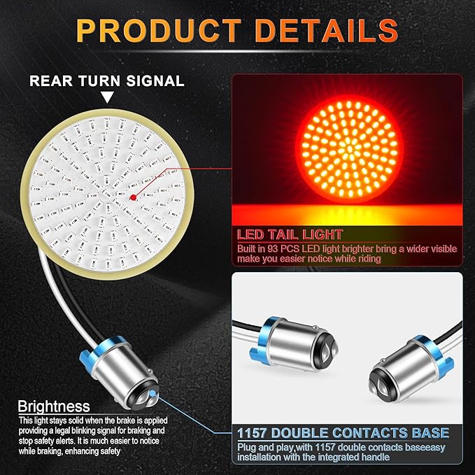 LivTee 1157 LED Turn Signals, 2 Pack Motorcycle, Fits Harley Davidson, Road Glide, Street Glide, Sportster, Red