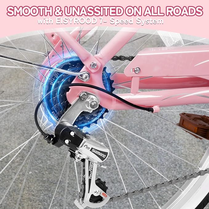 26 Inch Folding Beach Cruiser Bike for Women, 7-Speed Ladies Bike with Basket & Rack, Perfect for City Commuting's Bicycle, Ideal for Women and Adults