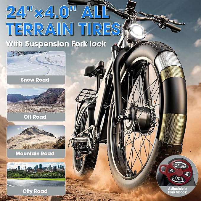 E·Bycco 5000W Peak Dual Motor Electric Bike for Adults, 24" Fat Tire Ebikes 52V 32AH, Max 45 MPH, 100 Miles Long Range, Hydraulic Brake, Pedal Assist Mountain Electric Bicycle