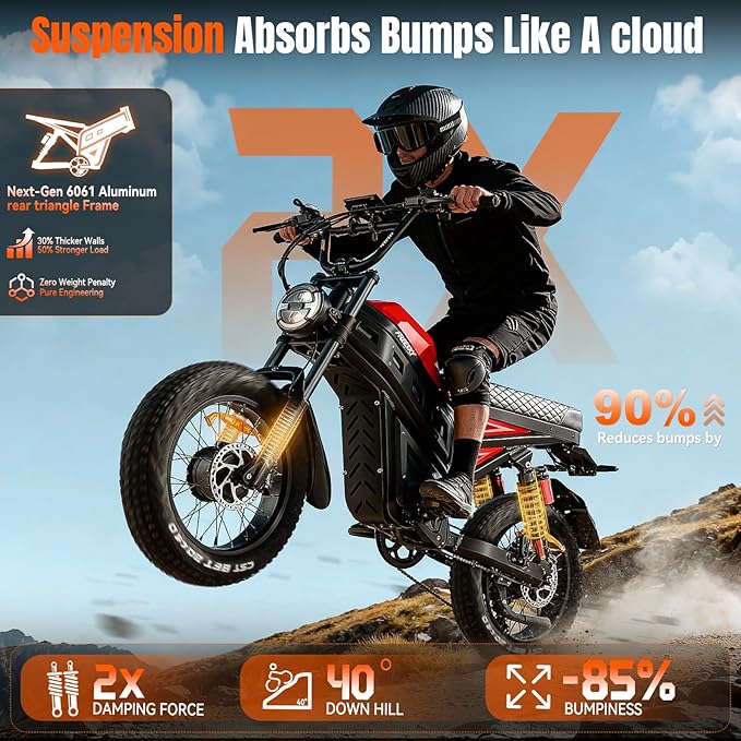 FREESKY 4000W Dual Motor Electric Dirt Bike for Adult,2880WH 60AH Battery Up to 40MPH & 200Mile Long Range Moped Ebike,20" Fat Tires All Terrain Mountain E bike,Full Suspension AWD Electric Motorcycle