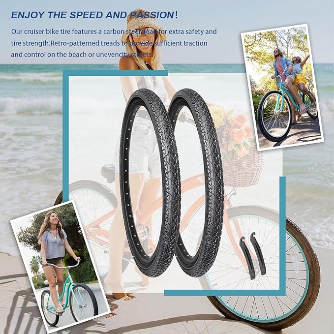 Hycline 26x2.125 Cruiser Bike Tires Set: 2-Pack 26-inch Premium Butyl Rubber High-Performance Folding Replacement Bicycle Tires for Beach Cruiser and Urban Commuting Bicycle