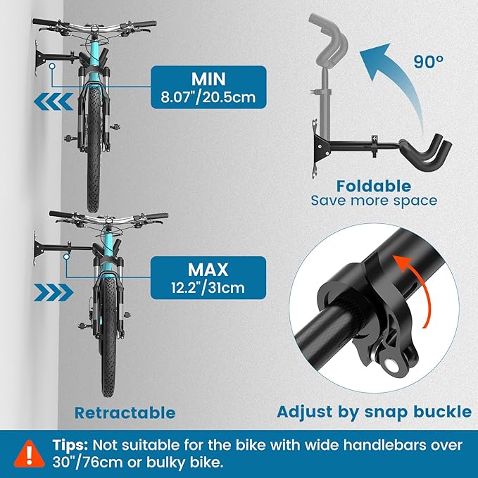 Housolution Bike Wall Mount - [4 Pack] EVA Foam Padded up to 48.5 lbs, Carbon Steel, Valve Mechanism, Heavy-Duty Adjustable Bike Wall Hanger for Road, Mountain and Hybrid Bikes, Garage & Apartment