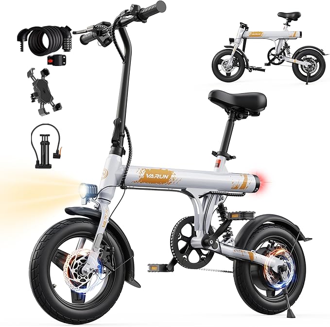VARUN Electric Bike- Commuter Ebike for Adults 500W Peak Motor, 20 MPH Speed, Long-Range, Waterproof Battery & Chain, 14" Foldable Electric Bicycle with Dual Disc Brakes and Rear Suspension