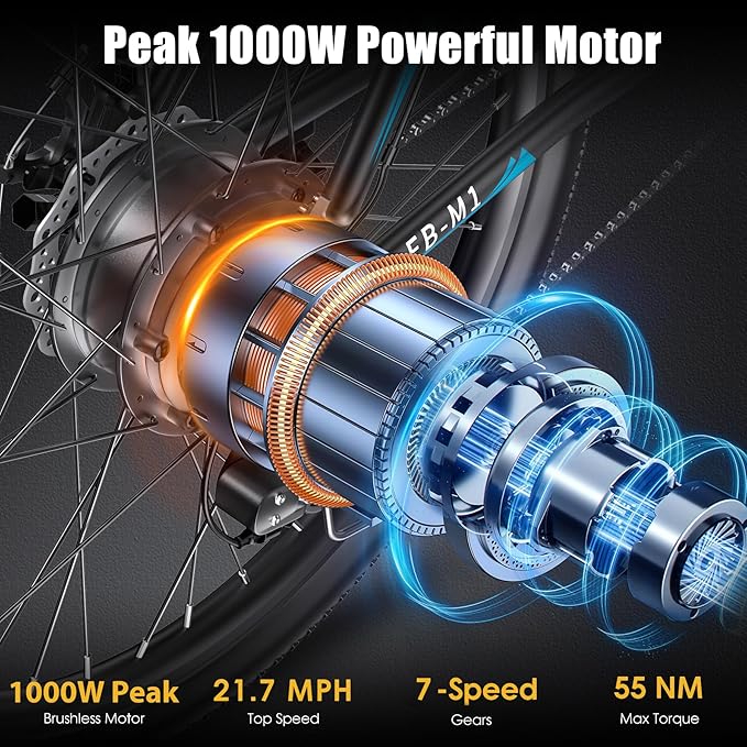 Electric Bike for Adults, 1000W Peak Ebike, 50Miles 21.7MPH Electric Mountain Bike, 26" Adult Electric Bicycle with 48V Removable Battery, Fenders,7 Speed, Front Suspension, UL 2849 Certified