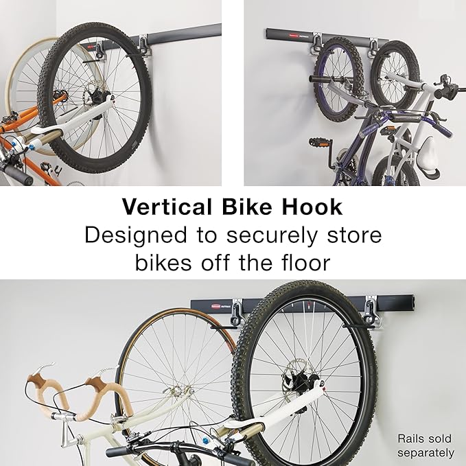 Rubbermaid FastTrack Garage Organization System Vertical Bike Hook Black Holds up to 50 Pounds Wall Mount and Heavy Duty Garage Hanger for Bike Storage