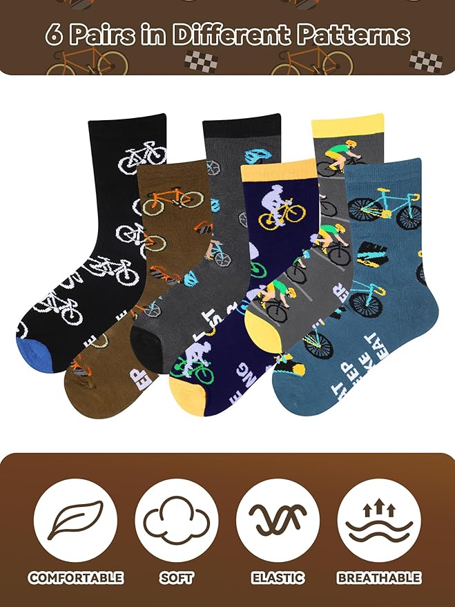Eurzom 6 Pairs Funny Bike Socks for Men Novelty Cycling Cotton Casual Socks Birthday Holiday Gift for Outdoor Biking Lover