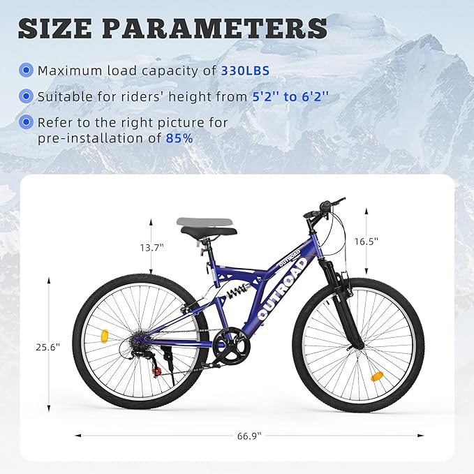 26 inch Mountain Bike Dual Full Suspension, Outdoor Hybrid Bikes,7-Speed/High-Carbon Steel, for Men Women Adult, MTB Bicycle with Suspension Fork,Sleek Colors