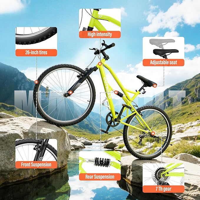 26 inch 7-Speed Commuter Bicycle,Hybrid Bicycle,Men's Cruiser Bike/Mountain Bike V Brake,Metal Frame, Adult Bike (Black, White, Blue, Green, Purple, Pink)