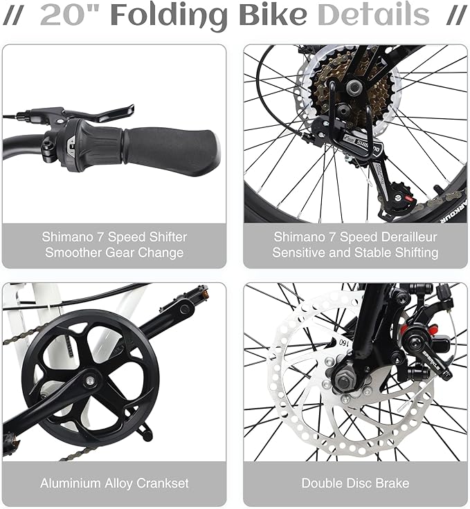 20 Inch Folding Bike for Adults, 7-Speed Shimano Gears & Dual Disc Brakes, Steel Frame,Compact Foldable Design- Perfect for Commuting/Travel