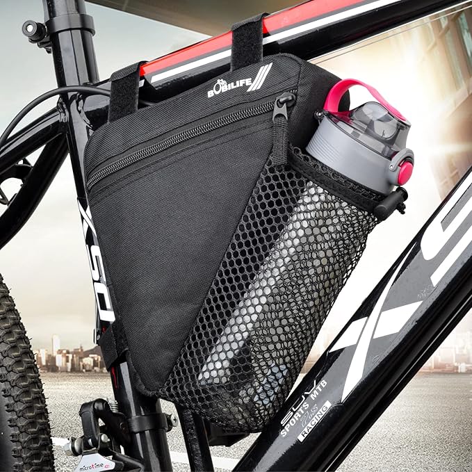 Bike Triangle Frame Bag with Bottle/Mini Speaker Holder - Bicycle Cycling Storage Triangle Top Tube Front Pouch Saddle Bag for Road and Mountain Bikes (Bag Only)