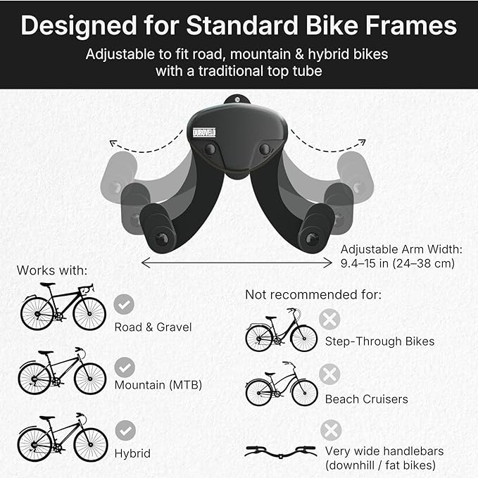 Bike Wall Mount - Horizontal Wall Hanger, Adjustable Design for Road, Mountain and Hybrid Bikes up to 48.5 lbs - Space-Saving Bike Rack for Garage or Apartment - Sturdy Indoor Bicycle Storage
