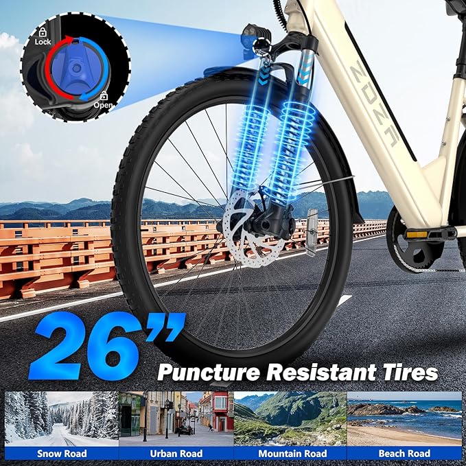 Electric Bike for Adults, 1000W Peak Motor, 60 Miles 22Mph Electric Bike, 26" Commuter E Bikes with 48V 10.4Ah Removable Battery, Step-Thru Ebike, Adjustable Stem, 7-Speed & Front Suspension