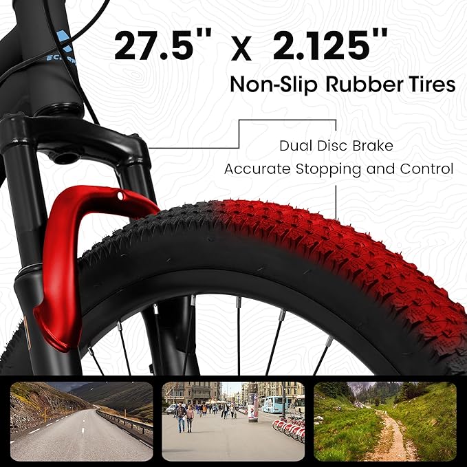 Ecarpat 24/26/27.5 Inch Mountain Bike, Full/Front Suspension Mens Boys Mountain Bike with 21 Speed Steel Frame and Dual Disc Brakes, Adult Sport Bicycle for Trail City Road, Gift Choice
