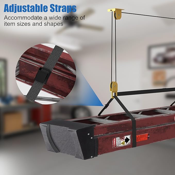 Ladder Storage Pulley Hoist, Self Locking Function Ladder Hanger, Garage Ceiling Mount Lift System for Lightweight Kayak, Ladder, Bike, Surfboard, Hold 80 lbs