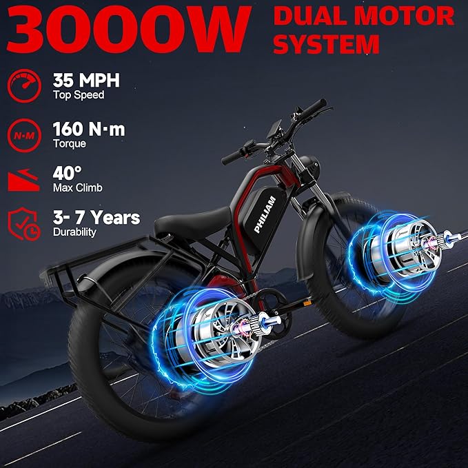 Electric Bike for Adults,5000W/3000W Peak Dual Motor ebike 35MPH E Bikes for Men Women,52V 32/23AH Battery, 80/100 Miles Range Ebike,26”Fat Tire Full Suspension E-Bike