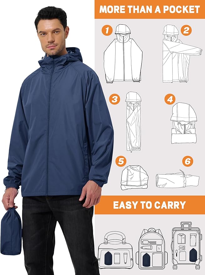 Men's Rain Jacket Windbreaker Waterproof Jacket Raincoat Cycling Running Hiking Gear Hood Lightweight Packable