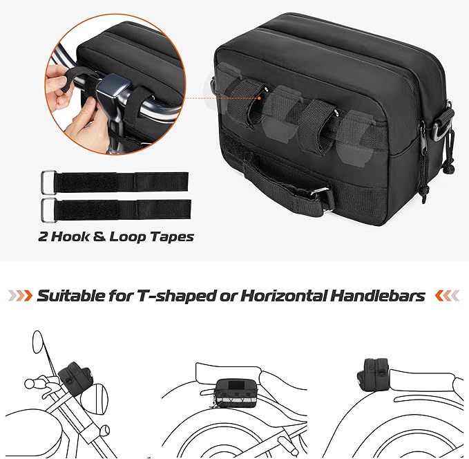 Double-Layer Motorcycle Handlebar Bag, Waterproof Bicycle w/ USB Charge Hole & Shoulder Strap, Motorbike Storage Accessory Pouch for Cruiser Softail Dyna Sportsters (HD03301)