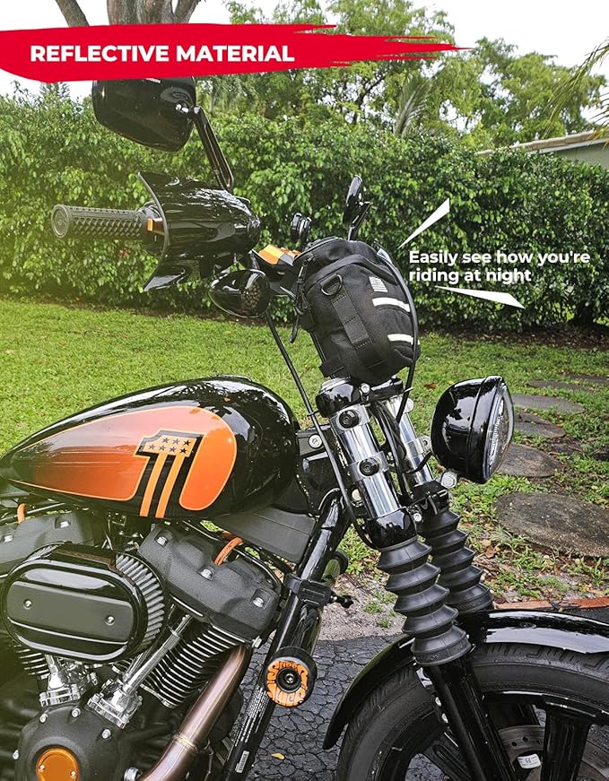 KEMIMOTO Motorcycle Handlebar Tool Bag with Reflective Strips 2.5L Bicycle Handle Bar Bag Sissy Bar Front Fork Storage Pouch Compatible with Cruiser Softail Dyna Sportsters