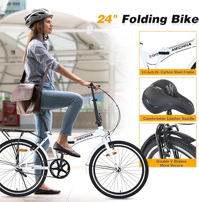 24" Folding Bikes for Adults City Commuting Folding Bicycle with Steel Frame/Front and Rear are V Brakes Compact Folding Bike for Adults Men and Wome