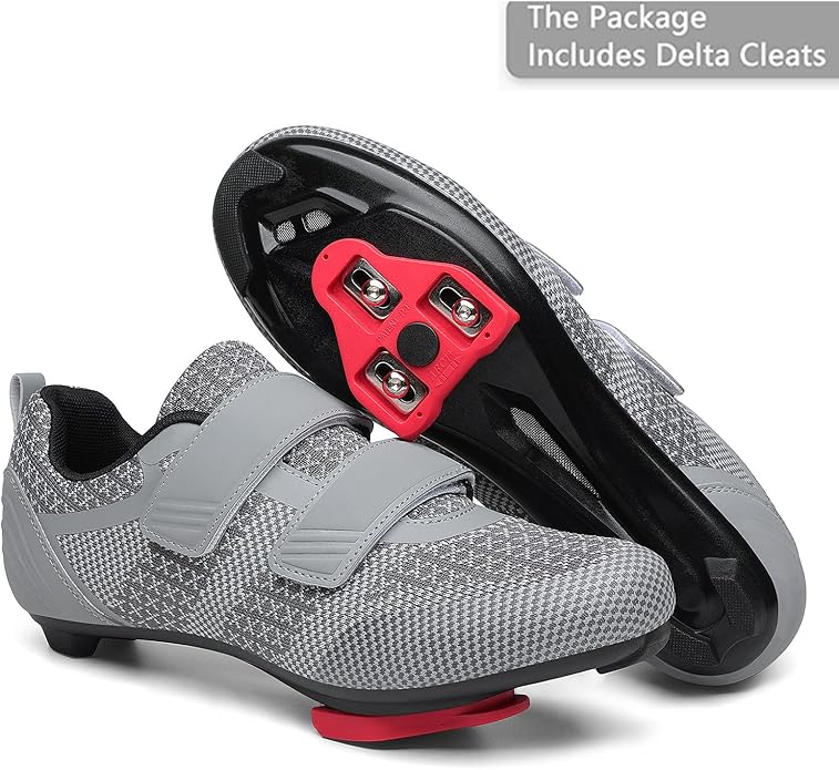 Unisex Road Bike Cycling Shoes Bike Riding Shoes for Men Women, 3 Straps, Pre-Installed Delta Cleat Size 8 (Grey-Two)