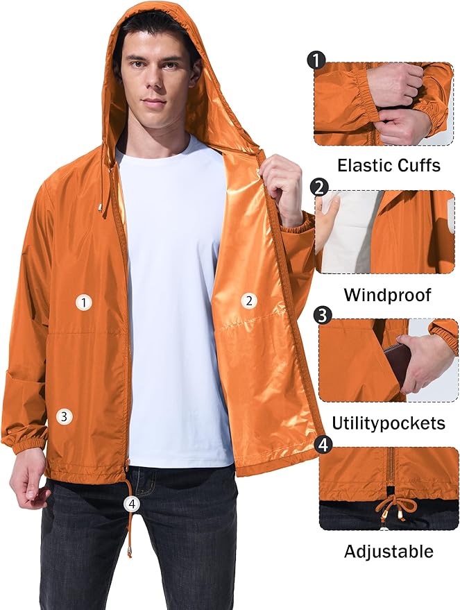 Mens Rain Jacket Raincoat Windbreaker Running Waterproof Lightweight Packable with Hood Travel Hiking Cycling