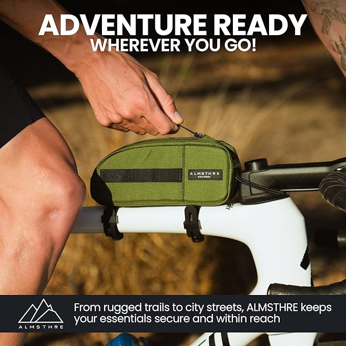 ALMSTHRE Top Tube Bag 8'' x 2'' x 3'' | Waterproof, Secure & Stable – Universal Bike Storage with Versatile Mounting – Fits Essentials | Adventure-Ready Cycling Gear