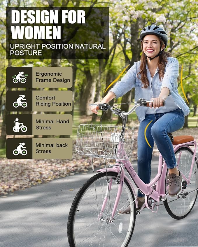 24/26 Inch Foldable Bike Folding Bicycle, 7 Speed Beach Cruiser Bike with Lock, Comfort Back Seat, Foldable Basket & Ergonomic Upright Frame, Cruiser Bicycle for Adults