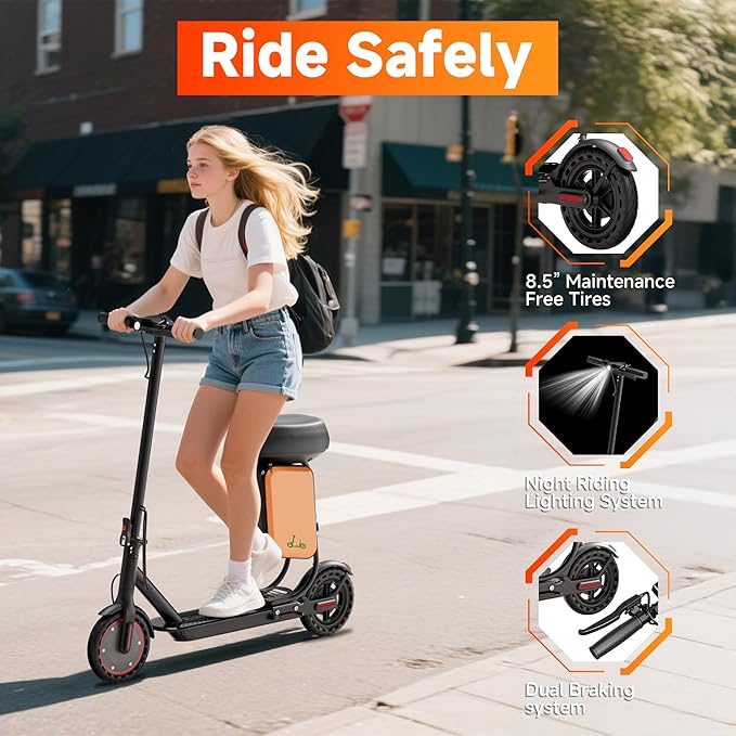 Folding Electric Scooter for Adults with Seat- 19MPH & 21-Mile Range, 350W Motor, 8.5" Solid Tires with App Control & Dual Brake System - UL2272 Certified Commuter E-Scooter