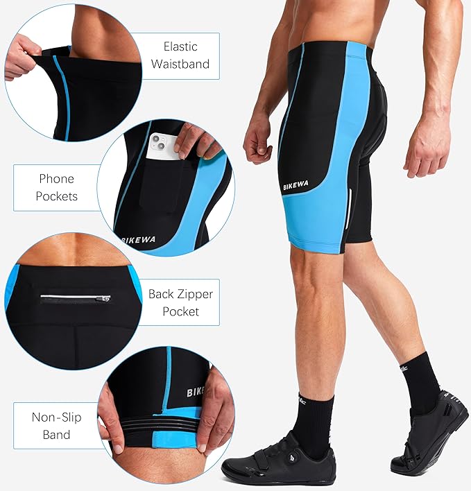 Bikewa Men's Bike Shorts 3D Padded Cycling Road Biking Mountain Riding Biker Bicycle UPF 50+ Cycle Shorts Zipper Pockets