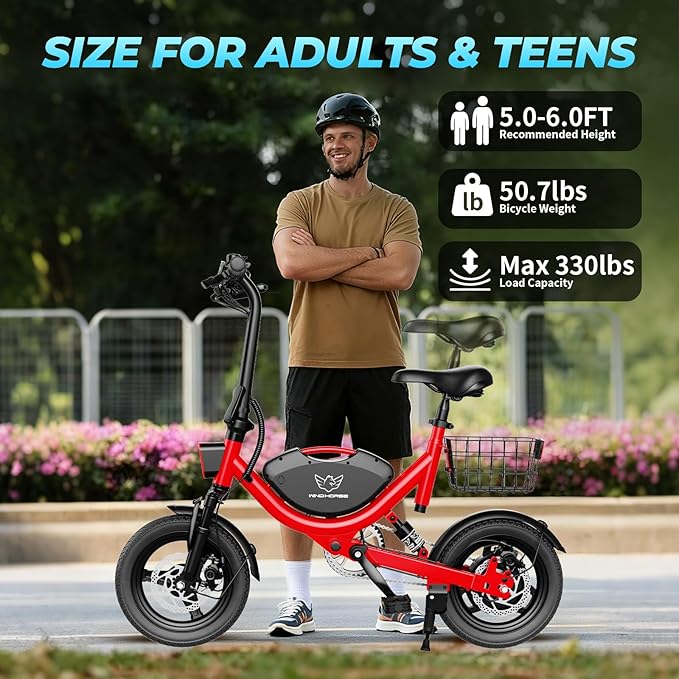 Electric Bike with Basket, 14" Folding Ebike 22 MPH, 35 Miles Range, Dual Suspension, 715W Peak Brushless Motor with 30° Uphill, Adjustable Seat, Commuter Electric Bicycle for Adults 330LBS Load