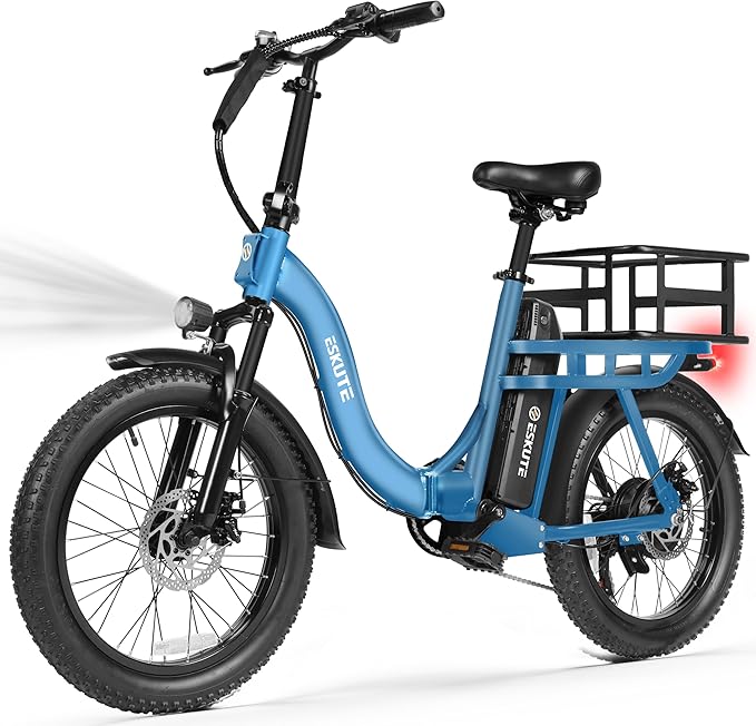 ESKUTE Electric Bike for Adults – 1200W Peak Motor, Folding 20x3 Fat Tire E‑Bike, 48V 10.4Ah Battery, Step‑Through Cargo Fold Ebike, NFC Unlock, 28 MPH, 7‑Speed, Up to 55 Miles