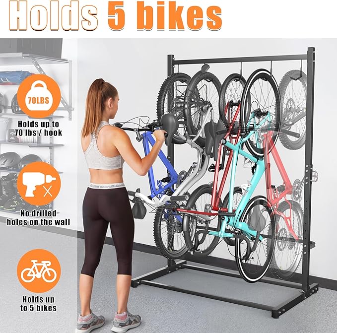 TORACK Garage Freestanding Hanging Bike Stand for Garage, Heavy Duty 5 Bikes Vertical Bike Storage Stand Floor Bike Storage Rack