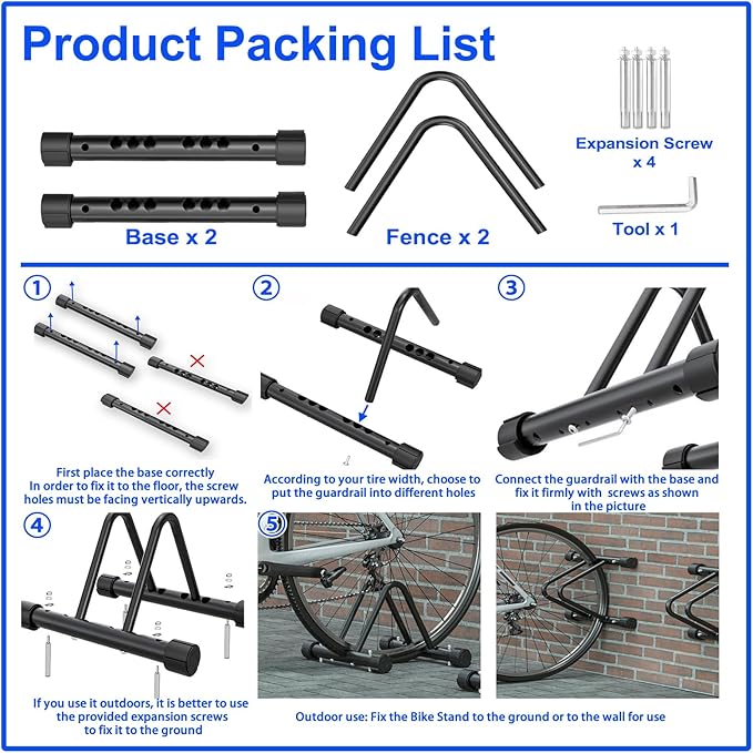 HOMEE Bicycle Floor Stand, Adjustable Bike Rack for Garage, Steel Cycling Storage Organizer for Indoor Outdoor Home, Bicycle Holder for Mountain and Road Bike, Black