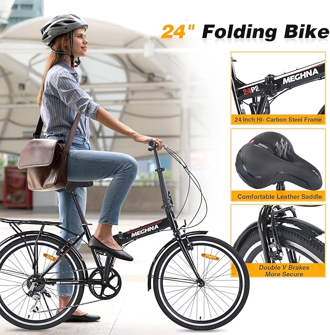 24" Folding Bikes for Adults 7 Speed City Commuting Folding Bicycle with Steel Frame/Front and Rear are V Brakes Compact Folding Bike for Adults Men and Wome No Assembly Required