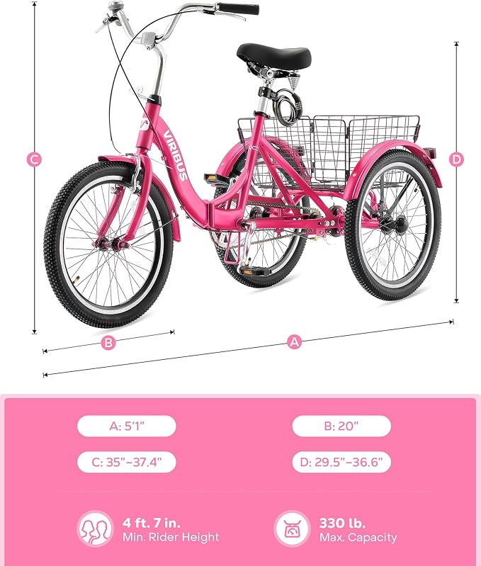 VIRIBUS Folding Tricycle for Adults, 20 inch Foldable Adult Tricycle 1 or 7 Speed Speed with Basket, Folding 3 Wheel Bikes for Adults Senior Women Men, Collapsible Mini Trike, Three Wheeler 330lb.